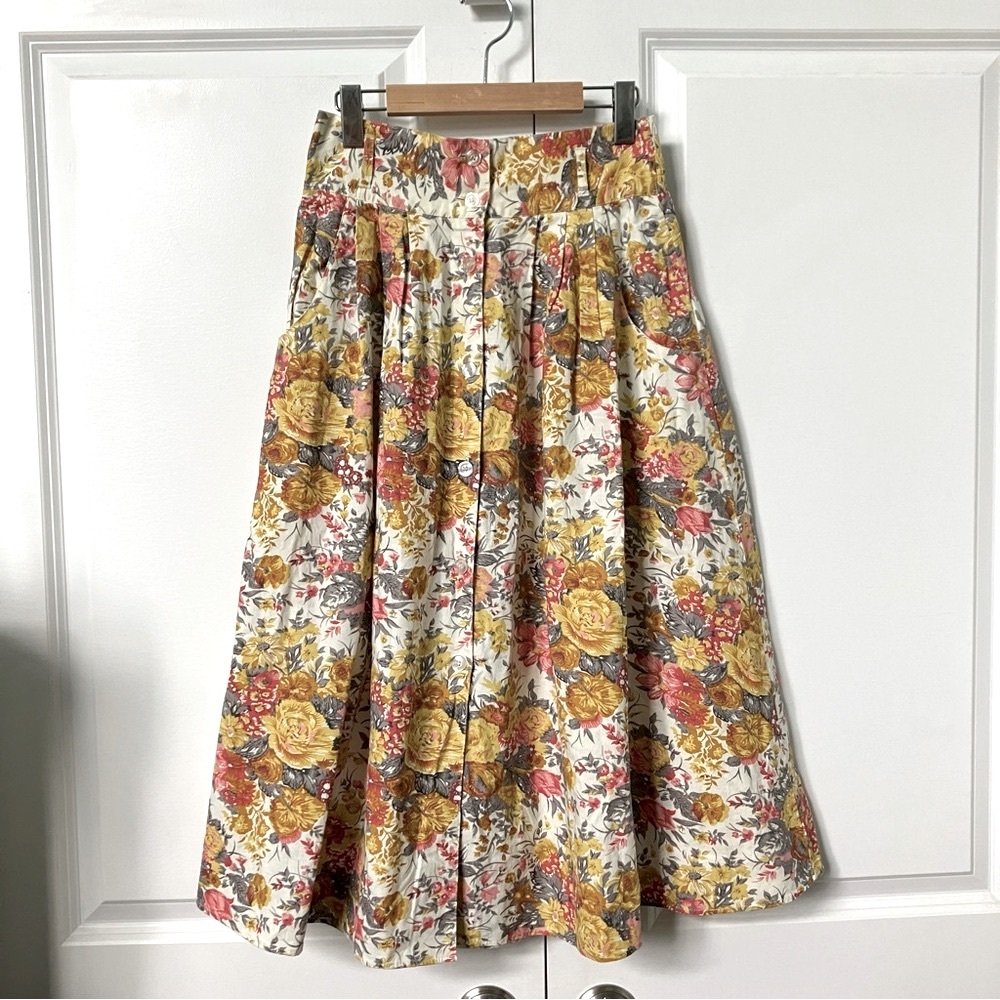 Vintage Cotton EGO Yellow Orange Pink Pleated Midi A-Line Summer Skirt